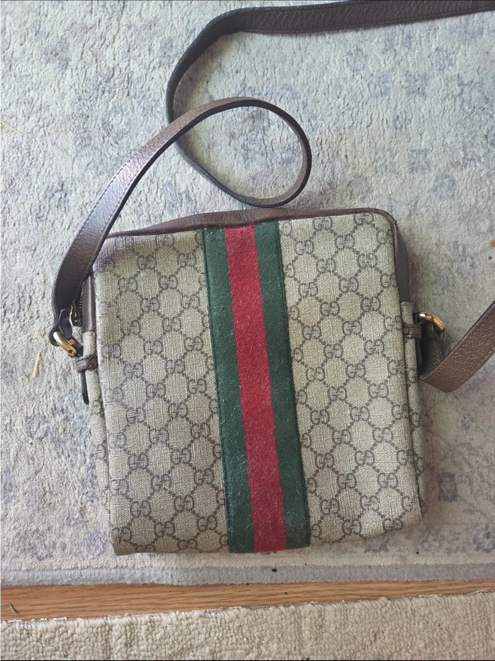 Gucci Brown GG Canvas Messenger Bag with Green & Red Stripe authentic